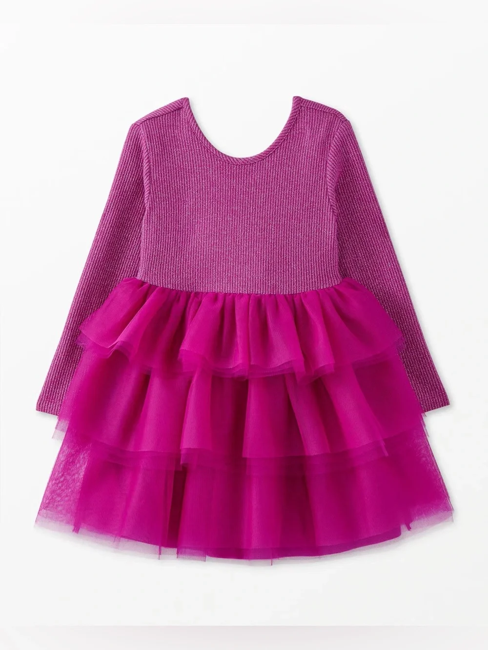Hanna Andersson Magenta Long Sleeve Tulle Tiered Knit Cotton Sparkle Dress 8 - Picture 1 of 7